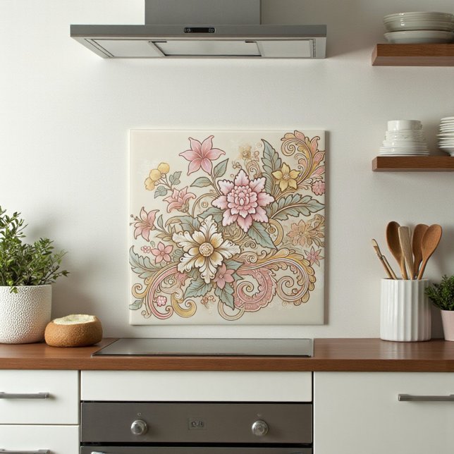 Beige Amarelo Amarelo Boho Indonésio Batik (Beige Pink Yellow Boho Indonesian Batik Ceramic Tile)