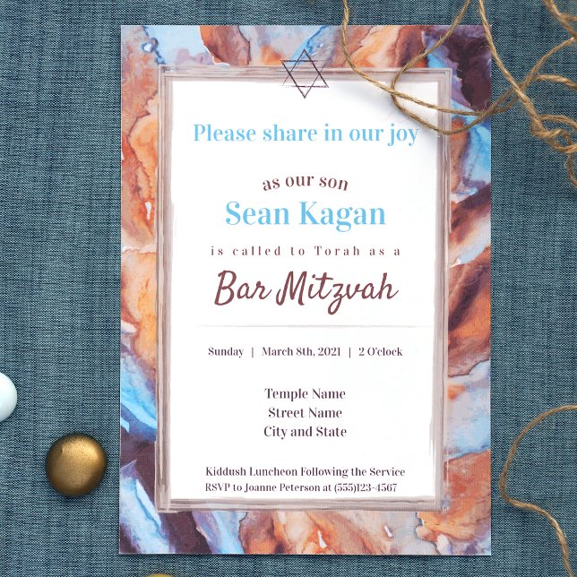 Beige Aqua Blue Bar Mitzvah Convite (modern bar mitzvah invitations with bold brown, beige, blue marble stone pattern )