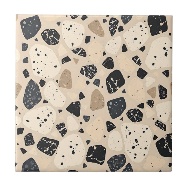 Beige Black Terrazzo Pattern Neutral Abstract  (Frente)