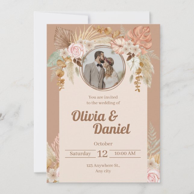 Beige Boho Watercolor Flowers Convite De Casamento (Frente)