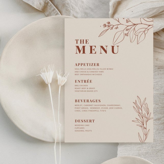 Beige Boho Wedding Menu com trabalho de arte flora (Criador carregado)