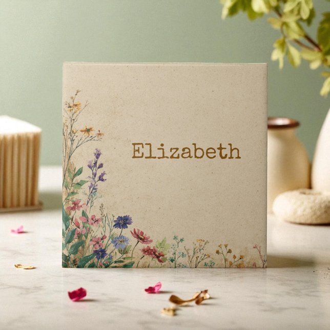 Beige Border Rustic Boho Wildflower (Beige Border Rustic Boho Wildflower Ceramic Tile)