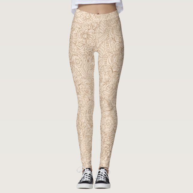 Beige com Leggings de Padrão Floral Castanho (Frente)