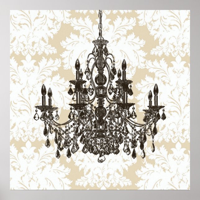 Beige Damask Chandelier Wall Art Impressão (Frente)