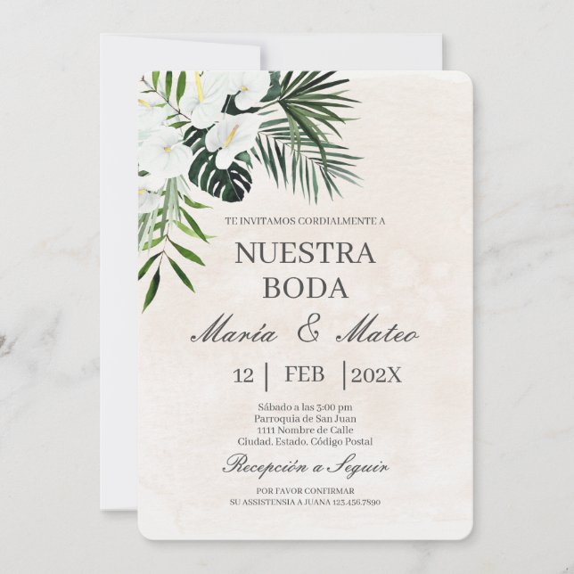 Beige de flor branca Convite para Casamento Espanh (Frente)