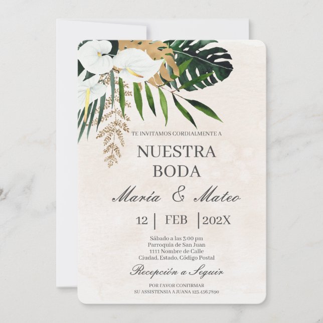 Beige de flor branca Convite para Casamento Espanh (Frente)