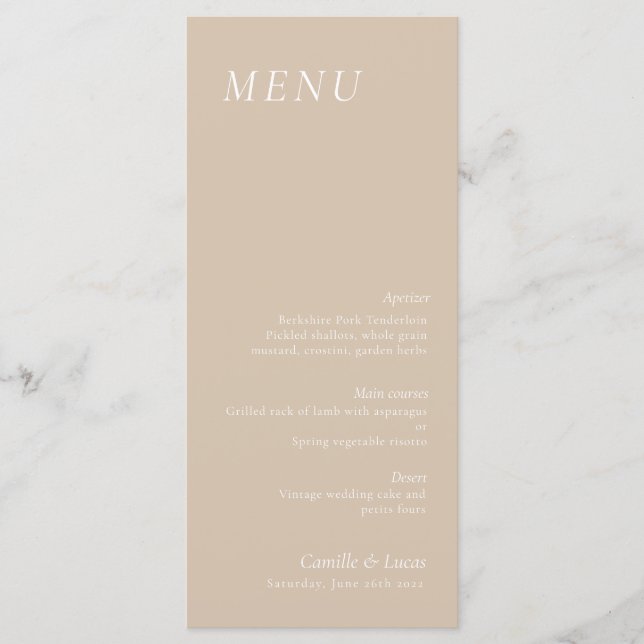 Beige elegante Menu Casamento (Frente)