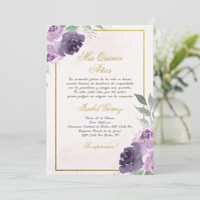 Beige Purple Flower Quinceanera convite (Em pé/Frente)