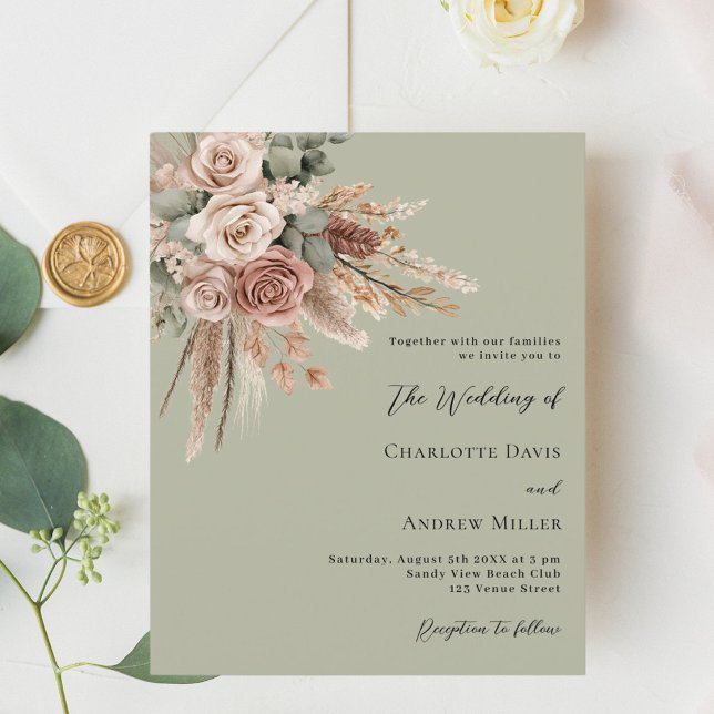 Beige taupe rosa sage convite para casamento verde (Criador carregado)