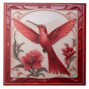 Beija-flor Art Nouveau em relevo falso vermelho e