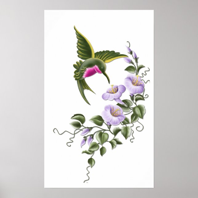 Beija-flor com Flores 1 Impressão (Frente)