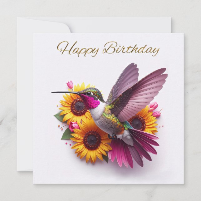 Beija-flor voando com flores Feliz Aniversário (Frente)