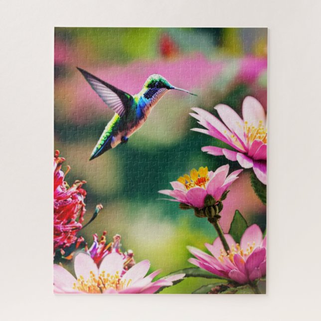 Beija-flor voando em Quebra-cabeça de flores (Vertical)