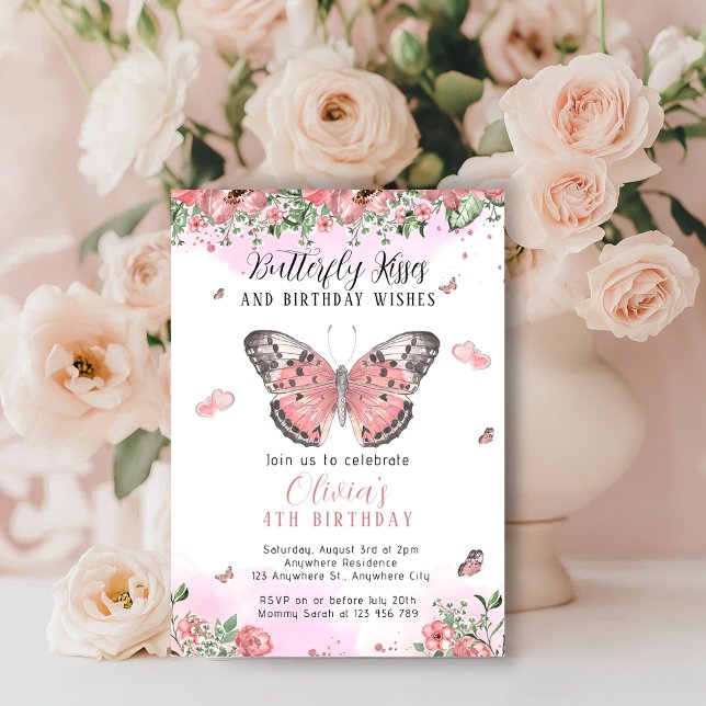 Beijos de Borboleta Rosa e Dourado Convite (Floral Pink Butterfly Kisses Birthday Invitation)