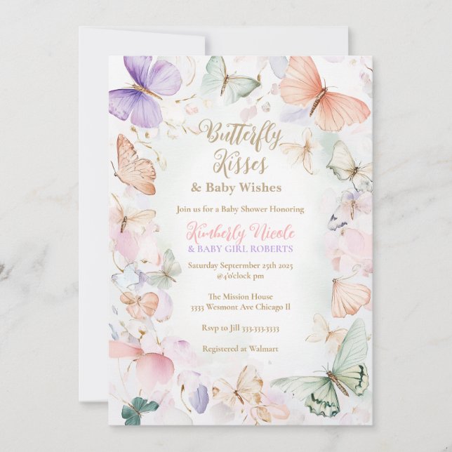 Beijos de borboletas de convite para chás de frald (Frente)