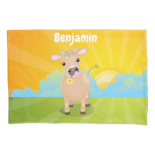 Bela vaca feliz e desenho animado do nascer do sol