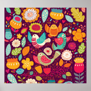 Belas aves, flores, poster artístico