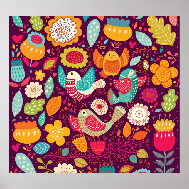 Belas aves, flores, poster artístico (Frente)