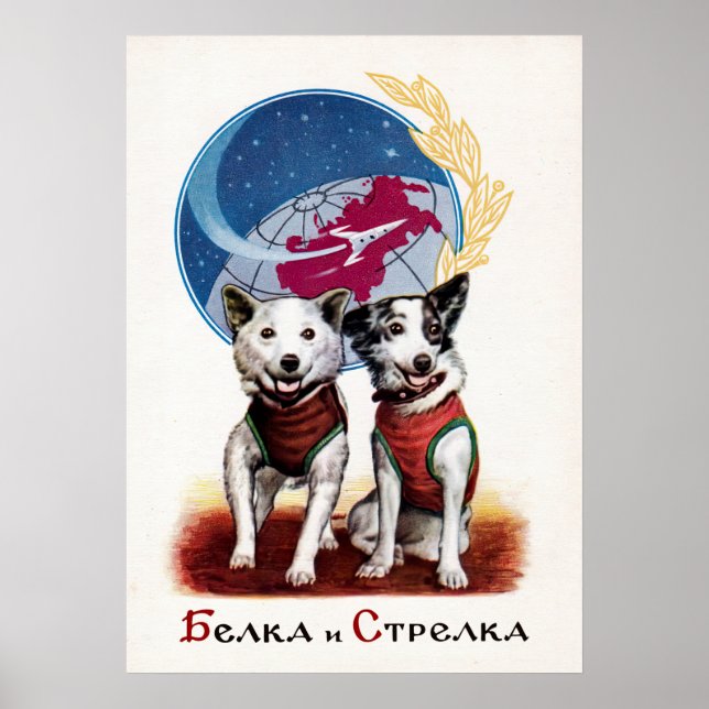 Belka e Strelka, cães espaciais — poster soviético (Frente)