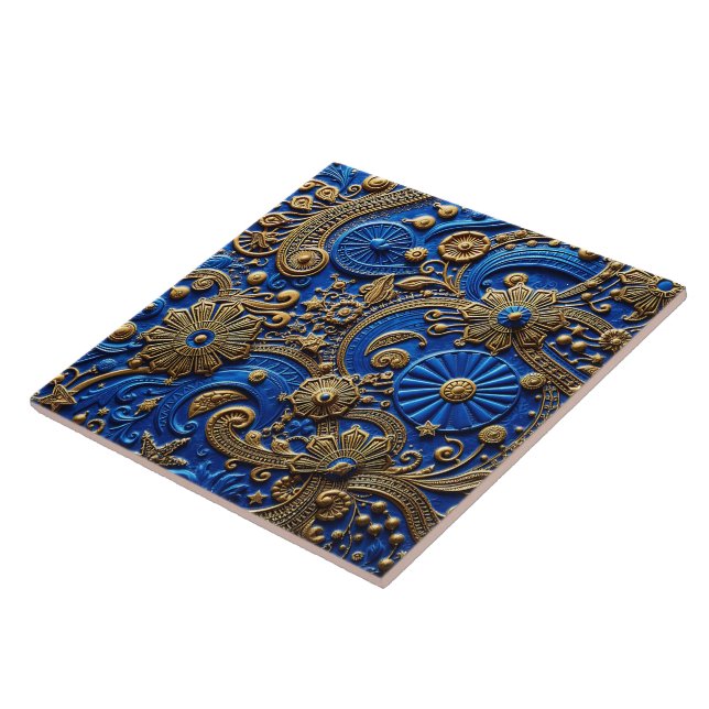 Belo Azul Real e Floral Abstrato Dourado (Lateral)