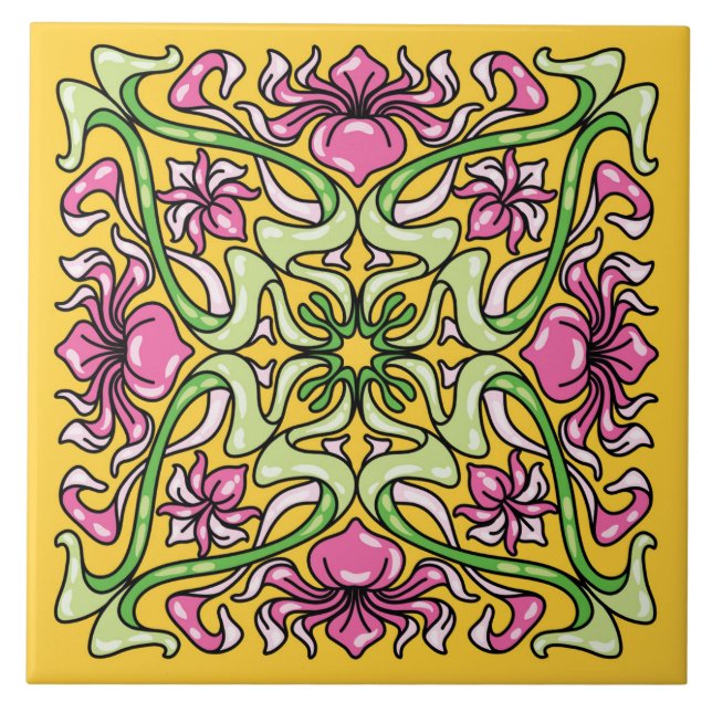 Belo azulejo de Arte Nouveau com flores íris (Frente)