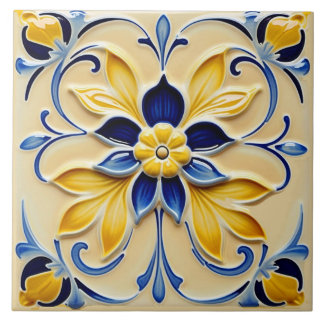 Belo Azulejo de cerâmica floral amarelo e azul.