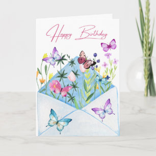 Belo Cartão de Aniversário com Flores e Borbolet