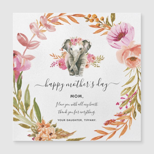 Belo Cartão De Férias De Elefante E Flor De Aquare (Frente)