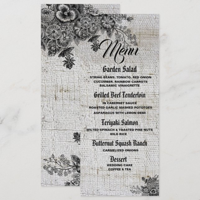 Belo Cartão de Menu de Casamento de Flores Pretas/ (Frente/Verso)