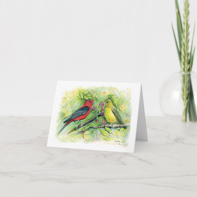 Belo cartão de nota de Casal do Scarlet Tanager (Beautiful Scarlet Tanager Couple Watercolor Blank Note Cards from Jenn Steffen Art)