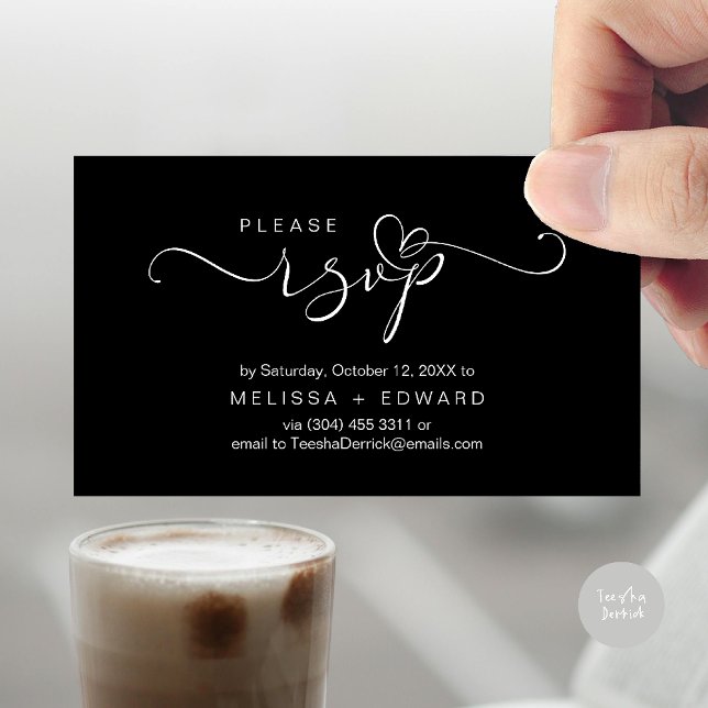 Belo cartão RSVP de Convites de casamento Romântic (Wedding invitation RSVP via Phone or email respond reminder Enclosure Card in aesthetic Black White)