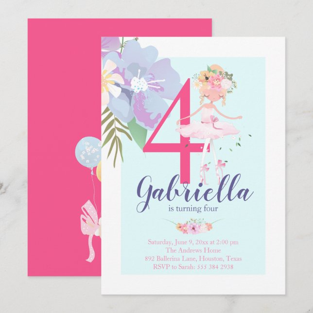 Belo Convite de Aniversário Floral Ballerina (Frente/Verso)