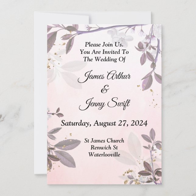 Belo Convite de Casamento, floral rosa (Frente)