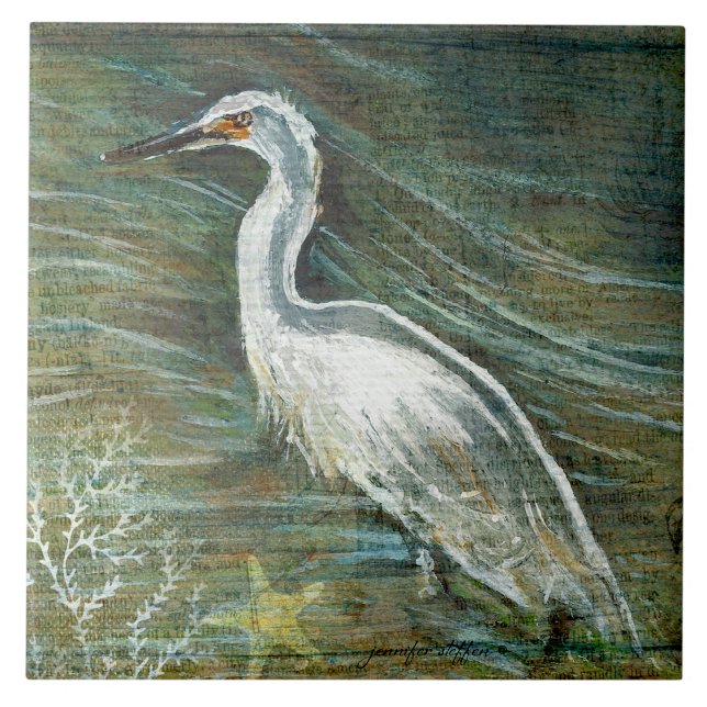 Belo Egret Shorebird Descendo Na Arte Da Água (Gorgeous Egret Shorebird Wading Water ceramic tile from Jenn's Emporium.)