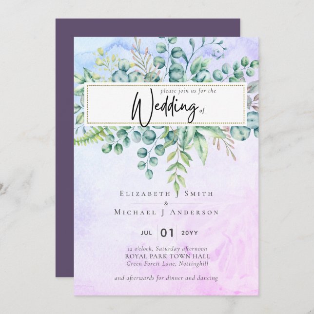 Belo Eucalipto Roxo Eucalyptus Greenery Convidar (Frente/Verso)