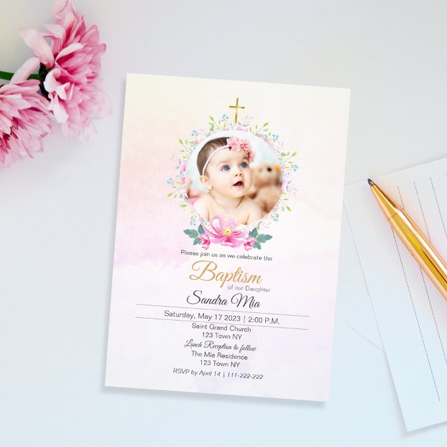 Belo Floral Rosa com Convite para Batismo Fotográf (Lovely Pink Floral with Photo Baptism Invitation)