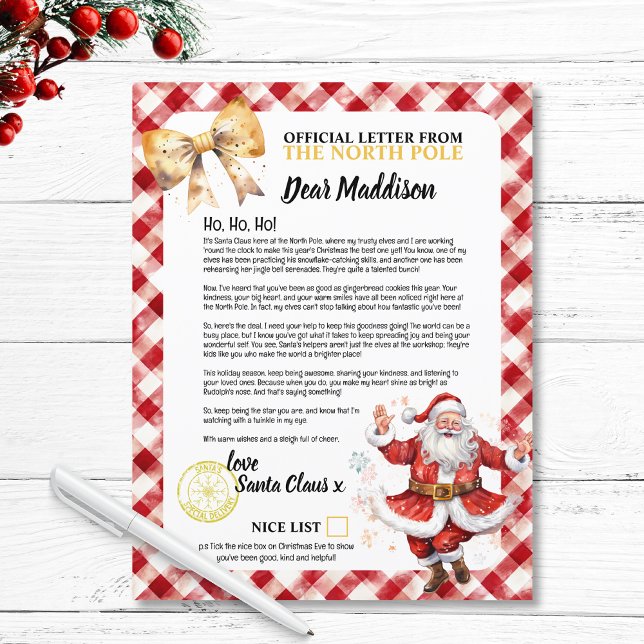 Belo Letra da Lista de Papais noeis para o Kid Nam (Nice List Letter To Santa for Kids Name Christmas Holidays  personalized christmas magic watercolor)