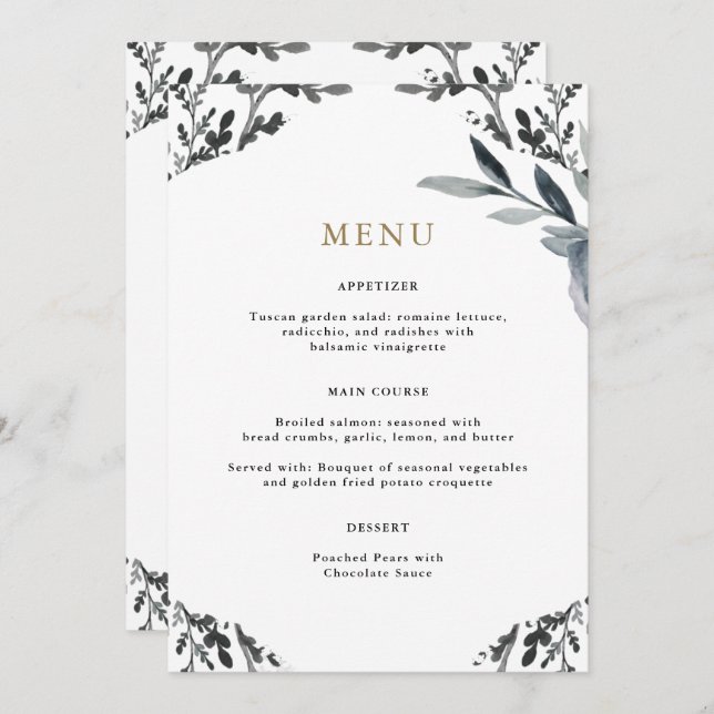 Belo Menu de Casamento de Folhagem Azul (Frente/Verso)