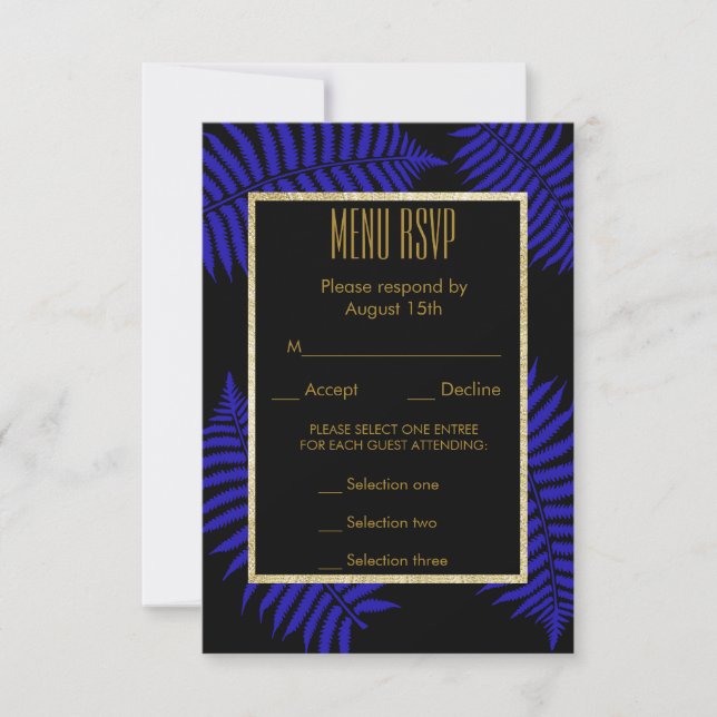 Belo Menu de Casamento Folha de Samambaia Azul RSV (Frente)