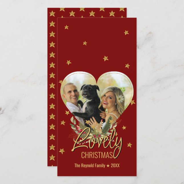 Belo Natal Dourado Foto do Coração Vermelho da Est (Frente/Verso)