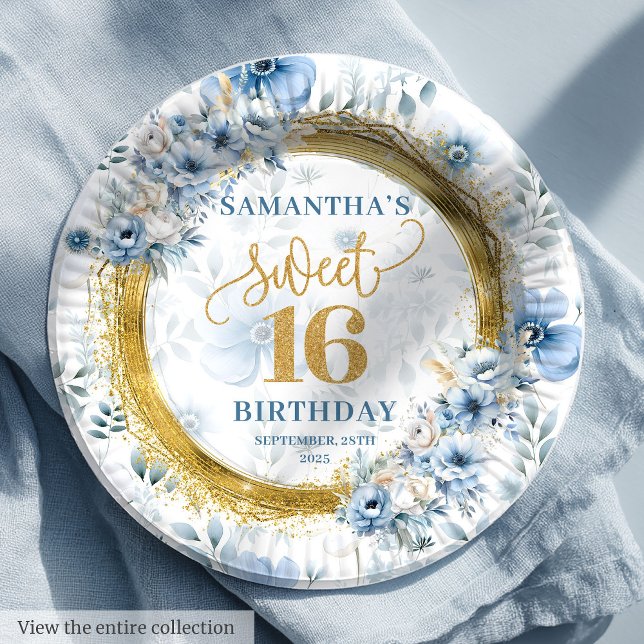 Belo Pastel Blue Sweet 16 Douradas Pratos Leves (Beautiful Pastel Blue Sweet 16 Gold Glitter Plates)