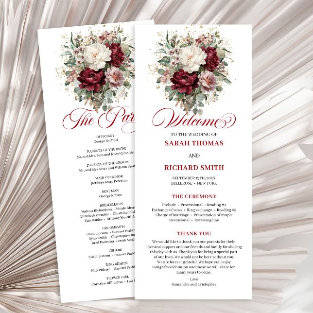 Belo Programa de Casamento Burgundy Blush Longo (Beautiful Blush Burgundy Wedding Program Card)