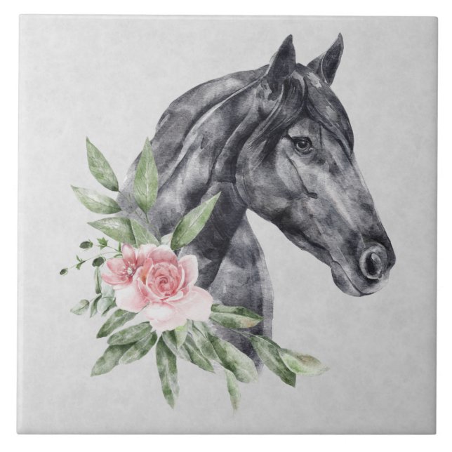 Belo Retrato de Cabeça de Cavalo Negro Aquarela (Frente)