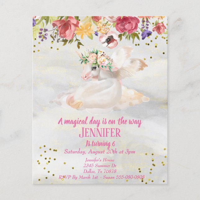 Belo Unicórnio Pegasus Dourado Orçamento Infantil (Frente)