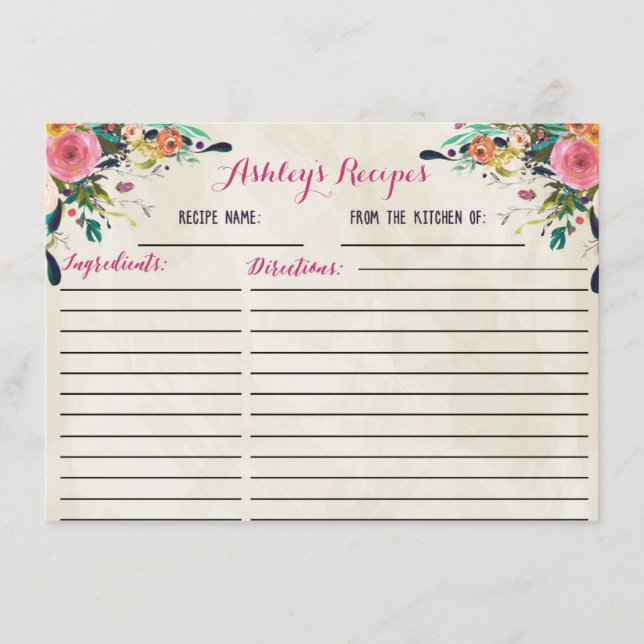 Belos cartões de receita floral (Frente)
