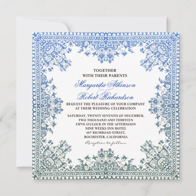 belos convites de casamento de quadros azuis elega (Frente)