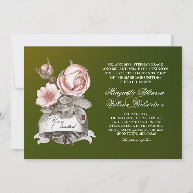 belos convites para casamento verde vintage (Frente)