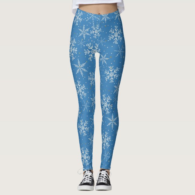 Belos flocos de neve em leggings de padrão azul (Frente)