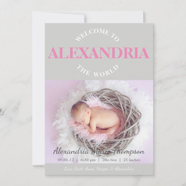 Bem-vindo ao anúncio de nascimento da cinza rosa d (Frente)