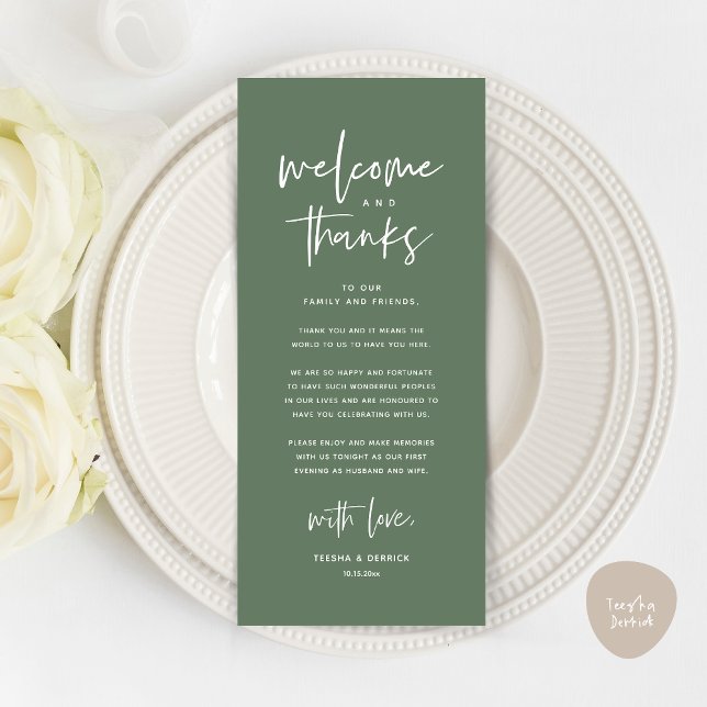 Bem-vindo e Obrigado, Cartão de Agradecimento de A (Welcome and Thanks, Modern Wedding Dinner Brunch Party Place Setting Thank You Card Sage Green)